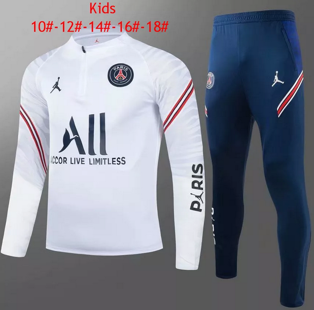 Kids 2021/22 PSG x Jordan White Sweatshirt and Pants Youth Training Suits